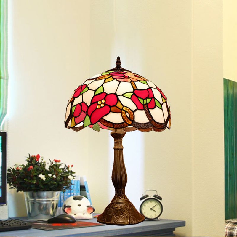 1-Head Nightstand Light Baroque Bowl Shade Stained Art Glass Blossom Patterned Table Lamp in Bronze