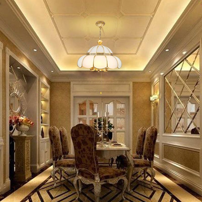 6 Bulbs Cream Glass Suspension Light Traditional Gold Scalloped Corridor Chandelier Light with Pull Chain