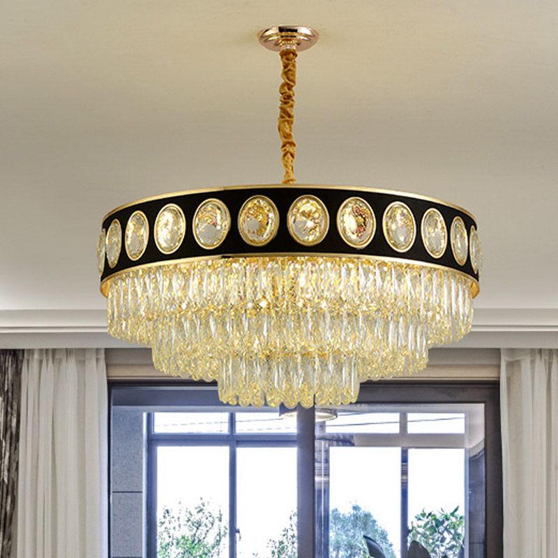 Black and Gold 3 Tiers Hanging Light Postmodern 9/11 Heads Crystal Block Chandelier Lighting, 19.5"/23.5" Wide