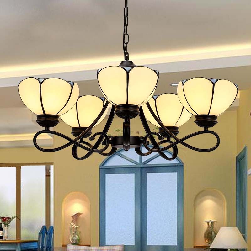 3/5 Lumières Sucalloped / Cone Chandelier suspendu Baroque blanc / jaune / beige Verre Suspension Éclairage pour le salon avec bras incurvé