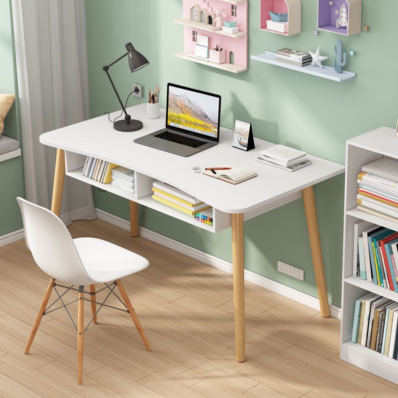 Modern White and Brown Office Desk Parsons Wooden Curved Writing Desk for Bedroom