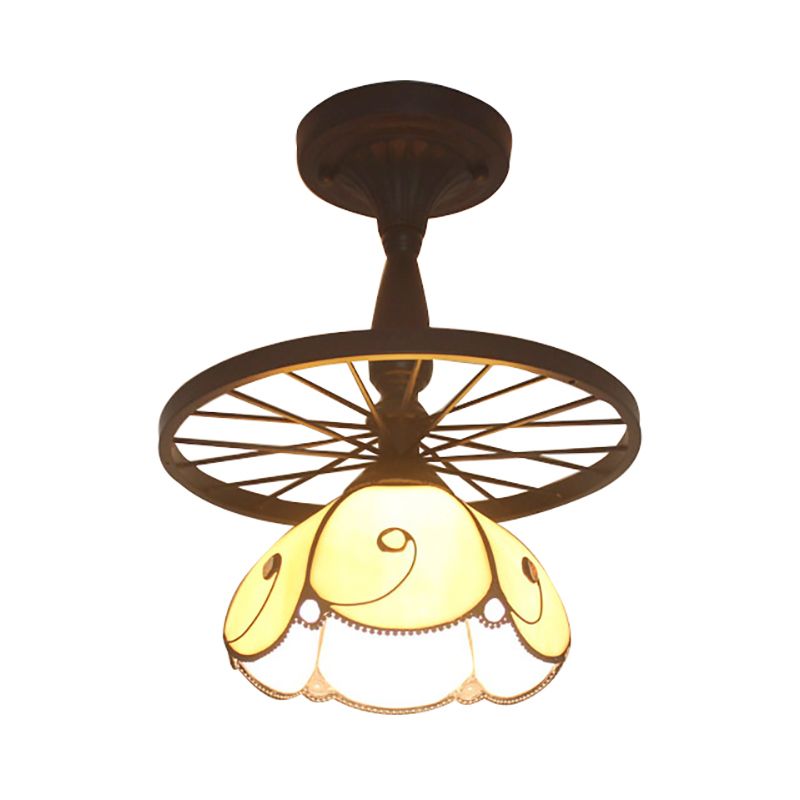 Beige Petal Shaped Semi Flush Ceiling Light with Wheel 1 Light Tiffany Industrial Glass Ceiling Lamp for Cafe