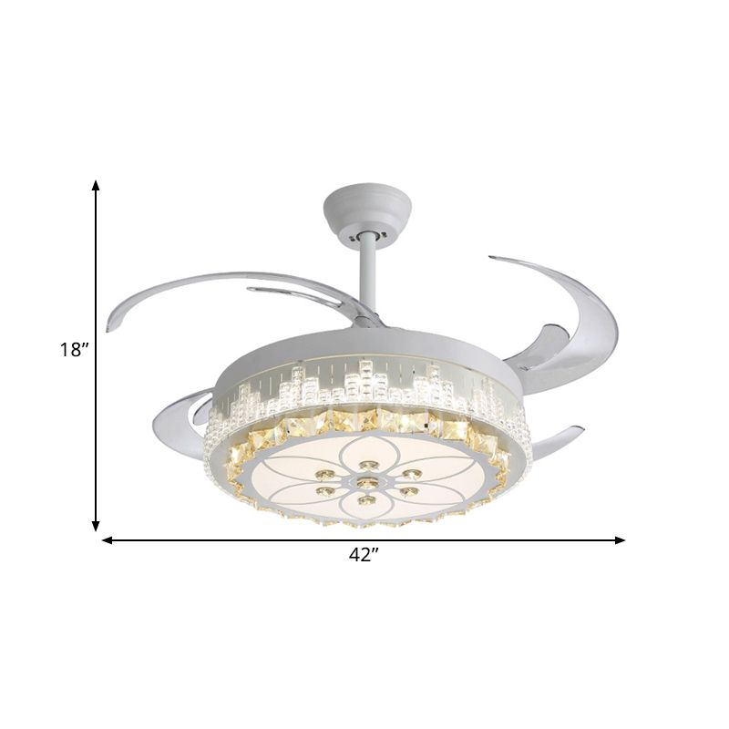 4 Blades LED Pendant Fan Lamp Contemporary Circular Clear Crystal Blocks Semi Flush Mount, 19" Width