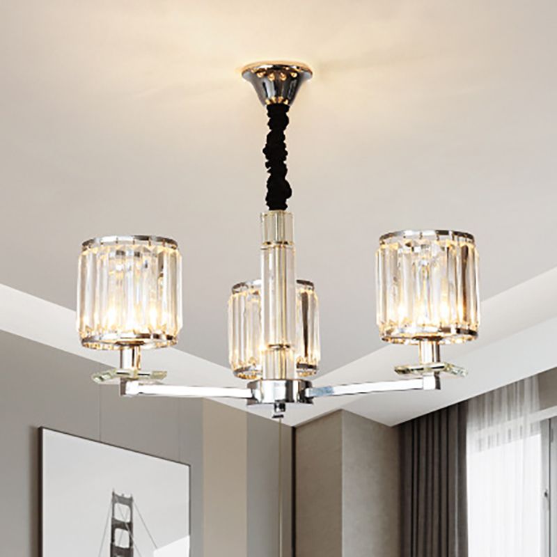 Cylinder Bedroom Chandelier Light Crystal 3/6 Lights Modern Hanging Light Fixture in Chrome