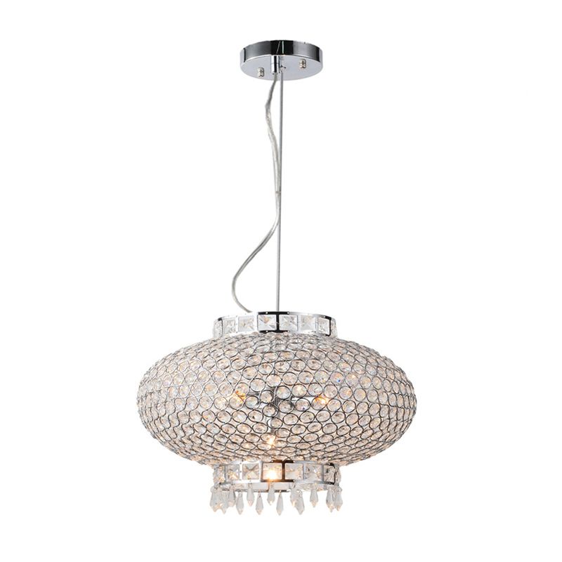 Chrome Finish Lantern Chandelier Lighting Contemporary Metal 4 Lights Hanging Light with Clear Crystal Bead