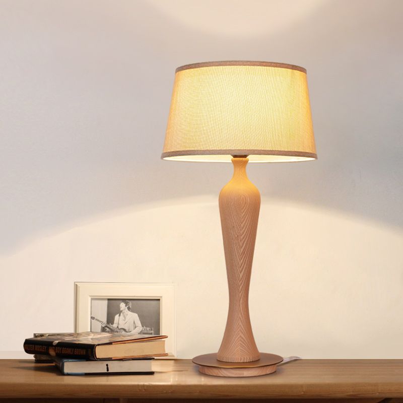 Modern Urn-Shaped Desk Lamp Wood 1 Bulb Table Light in Beige with Drum Fabric Shade