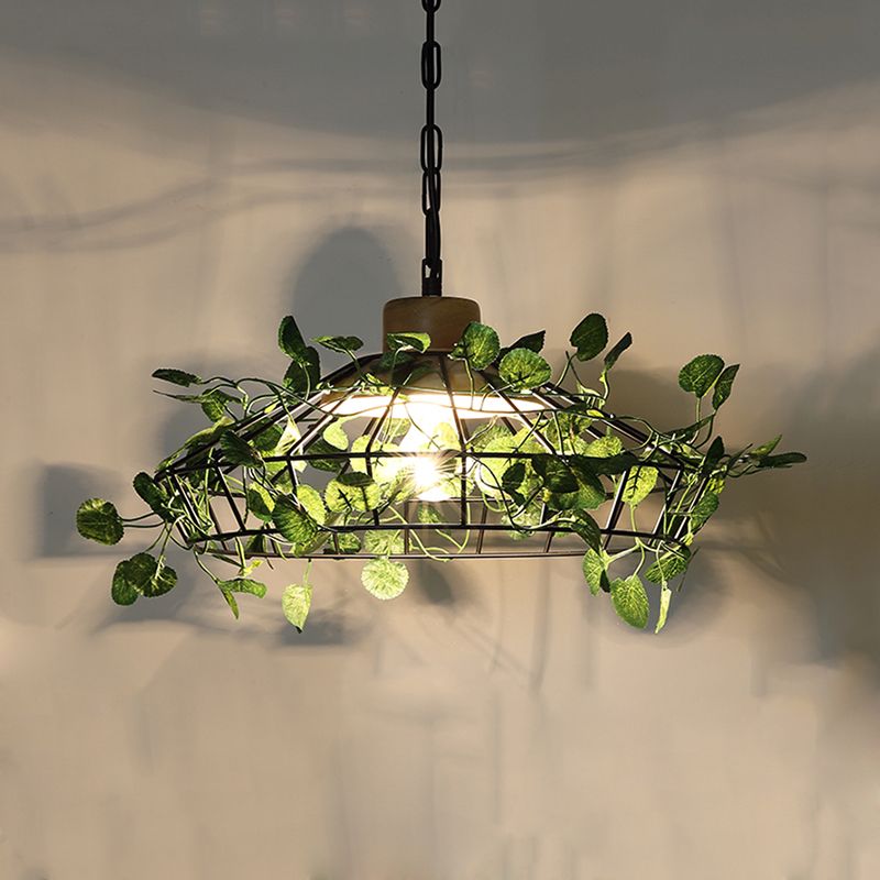 1 Bulb Cage Hanging Pendant Vintage Black Metal LED Plant Ceiling Hang Fixture for Restaurant