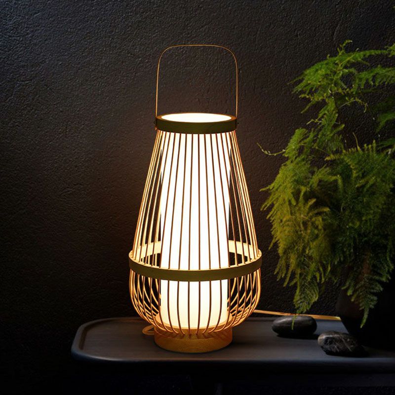 Basket Shaped Bamboo Table Lamp Minimalist 1 Head Wood Nightstand Light for Restaurant