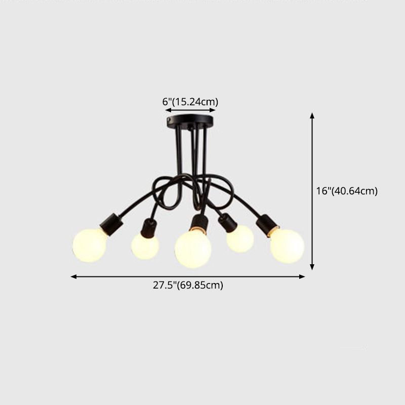 Bare Bulb Black Semi Flush Mount in Industrial Retro Style Wrought Iron Radial Ceiling Fixture