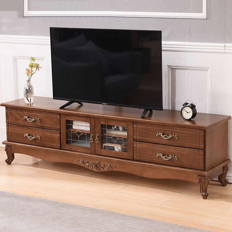 Traditional Solid Wood TV Cabinet Living Room Luxury TV Stand with Glass Doors