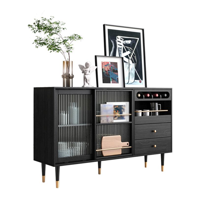 2-Drawer Engineered Wood Sideboard Glam Glass Sliding Doors Credenza with Stone Countertop