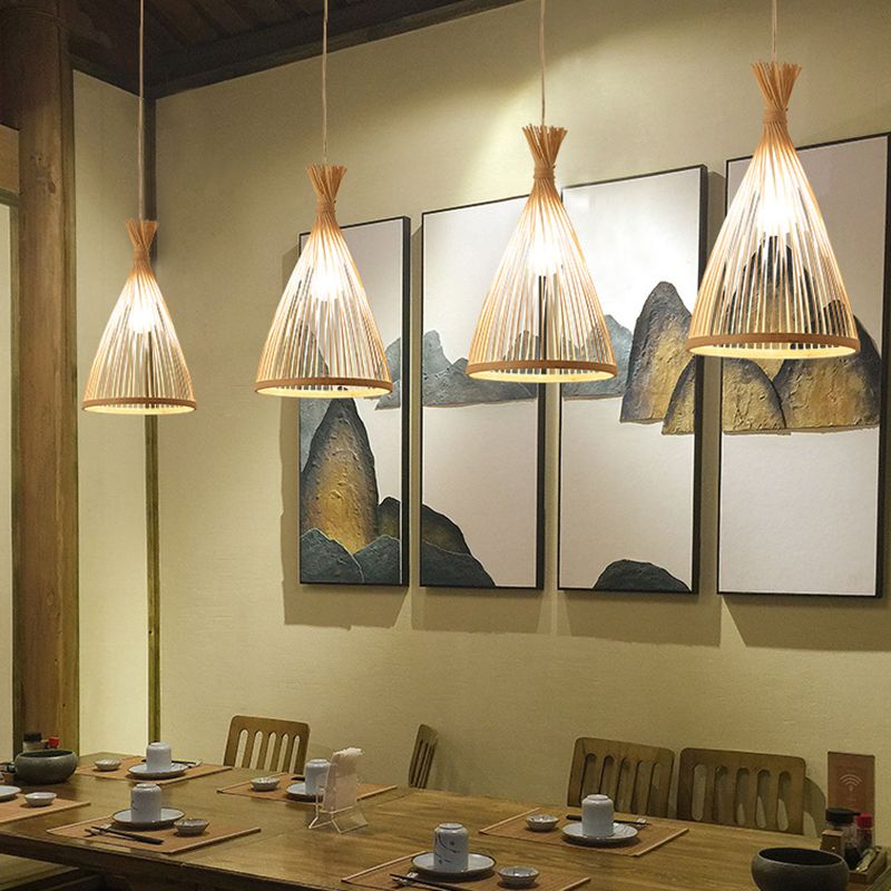 Chinese Cone Pendant Lighting Fixtures Bamboo Hanging Light with Hanging Cord for Restaurant