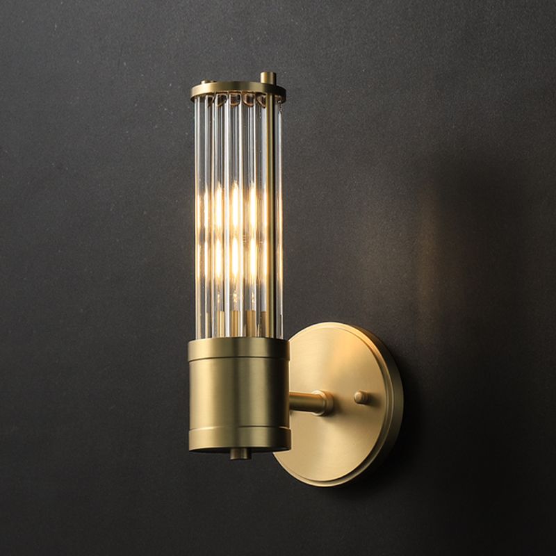 Gold Postmodern Metal Wall Sconce Cylinder Shape Vanity Lamp with Glass Shade for Bathroom