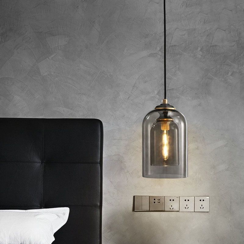 1 Glühbirnenschlafzimmer Hanging Lampe postmoderne Deckenleuchte mit doppelter Cloche -Glasschatten