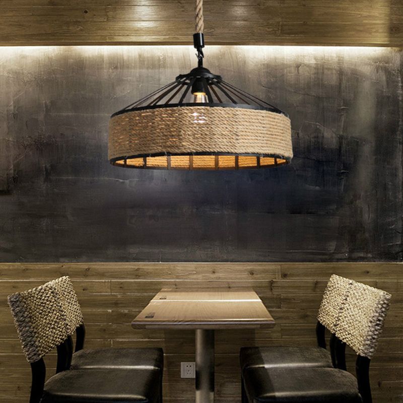 Rope Linen 1-Light Pendant Lamp Drum Vintage Loft Ceiling Fixture for Bar