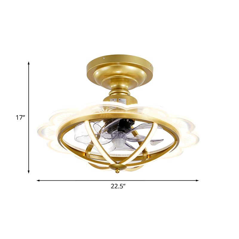 22.5 "W eetkamer LED -ventilator Lichtkit Postmodern Gold Semi Flush Mount met geschulpte metalen kooi, 6 bladen