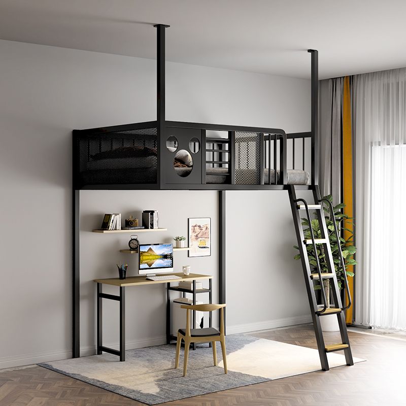 Open Frame Metal Bed Nordic Iron High Loft Bed with Built-In Ladder