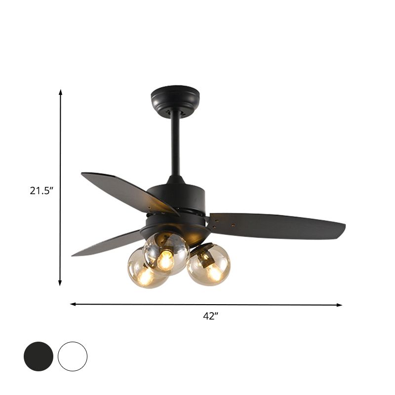 3 teste a sfera semi -filo illuminazione industriale bianco/nero vetro trasparente 3 lame lampada a ventaglio appesa per ristorante, 42 "w