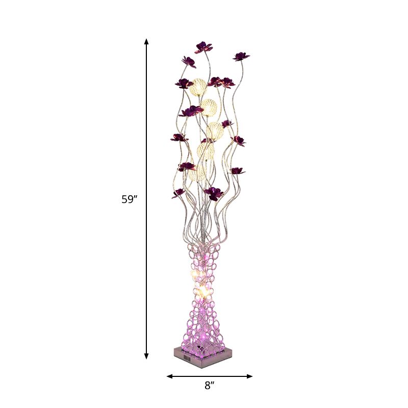 Metal Purple Floral Standing Light Tree Branch LED Decorative Floor Reading Lamp with Hollowed Trapezoid Base