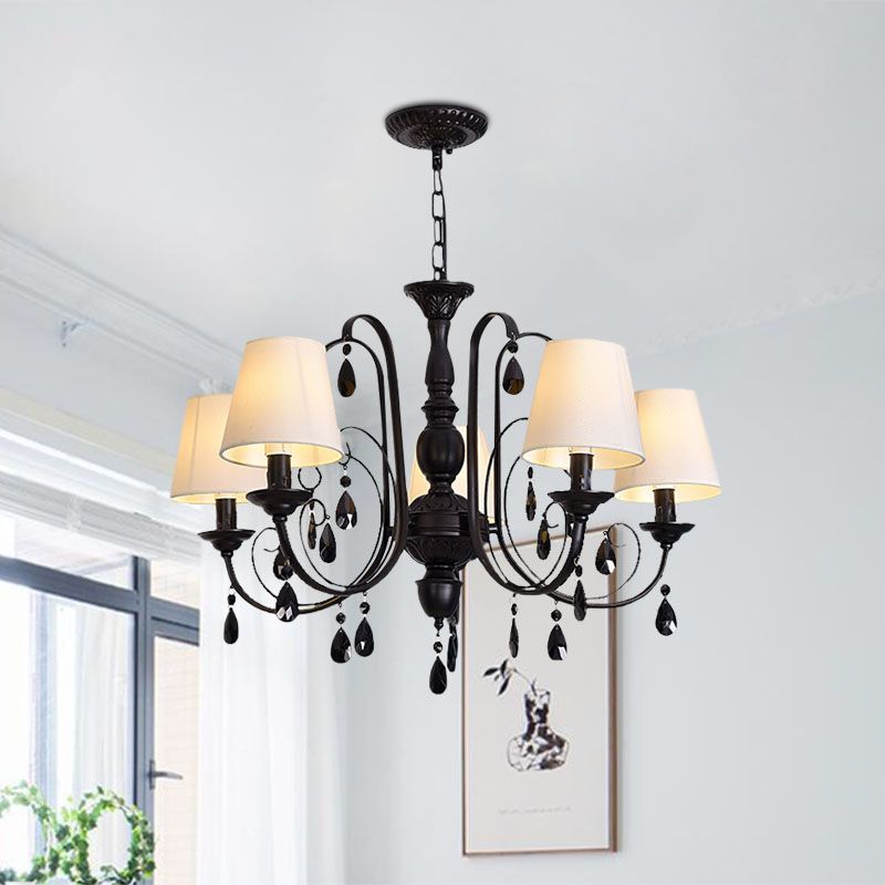 Black Finish Candle Chandelier Light Fixture Modernist Metal 5-Light Restaurant Suspension Lamp with Fabric Shade