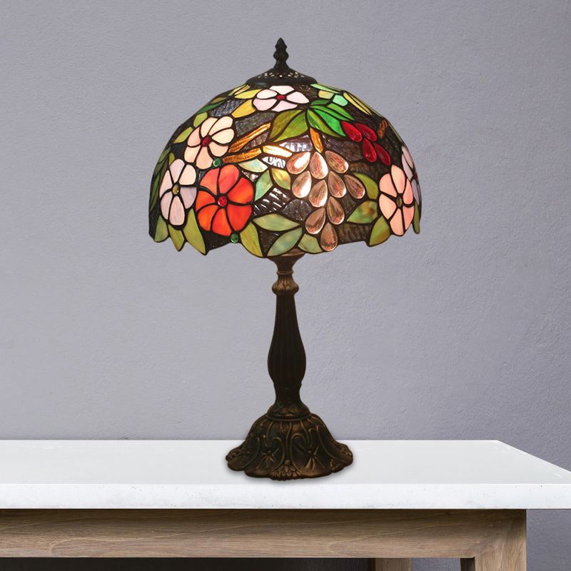 Grape and Floral Cut Glass Nightstand Lighting Tiffany 1-Light Brass Finish Night Lamp with Bowl Shade