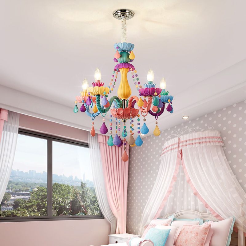 Bougie Baby Room Chandelier Metal Macaron Suspension Lumière avec des rideaux en cristal