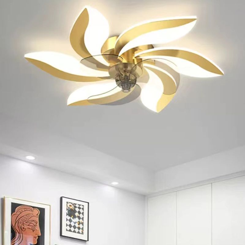 Nordic Style LED Fan Light Fixture Round Bedroom Semi Flush Mount Ceiling Lamp