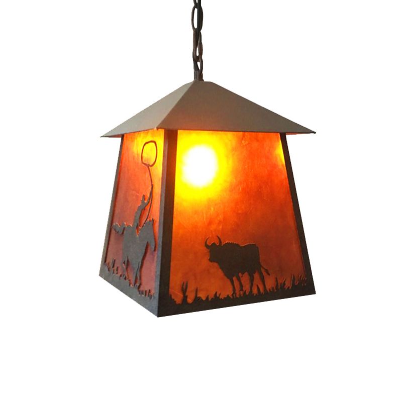 Country Trapezoid Hanging Ceiling Light 1 Light Metal Pendant Lighting in Rust with Animals Pattern