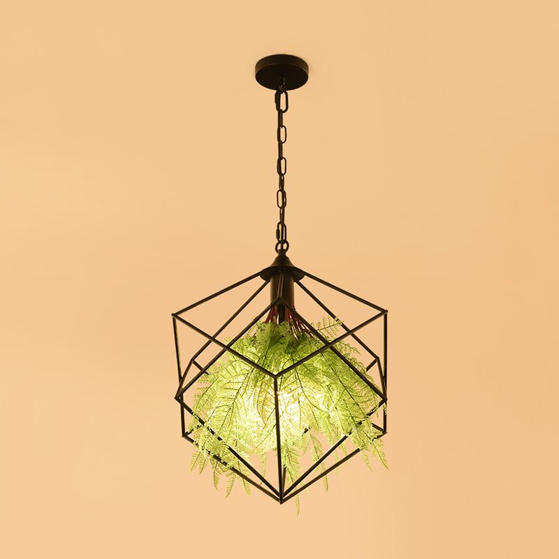 Industrial Geometric Plant Hanging Pendant 1 Bulb 18"/21.5" W Metal LED Suspension Light in Black for Restaurant