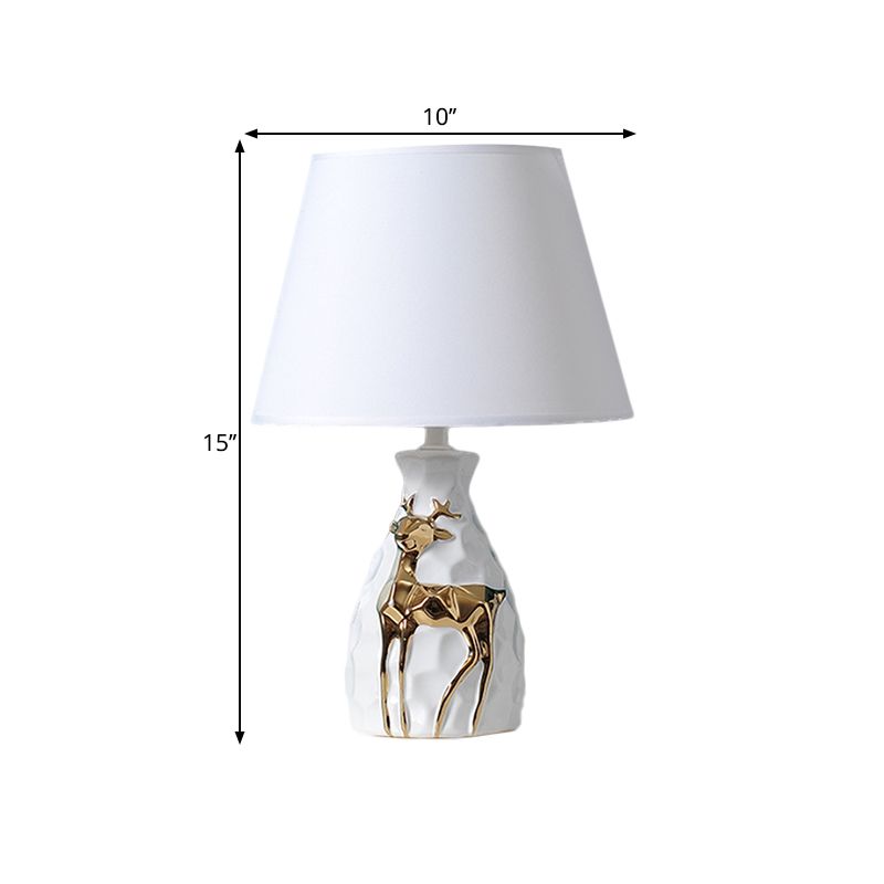 1-Bulb Tapered Desk Light Countryside White Fabric Night Table Lamp with Deer Vase Base, 11"/14"/15" Wide