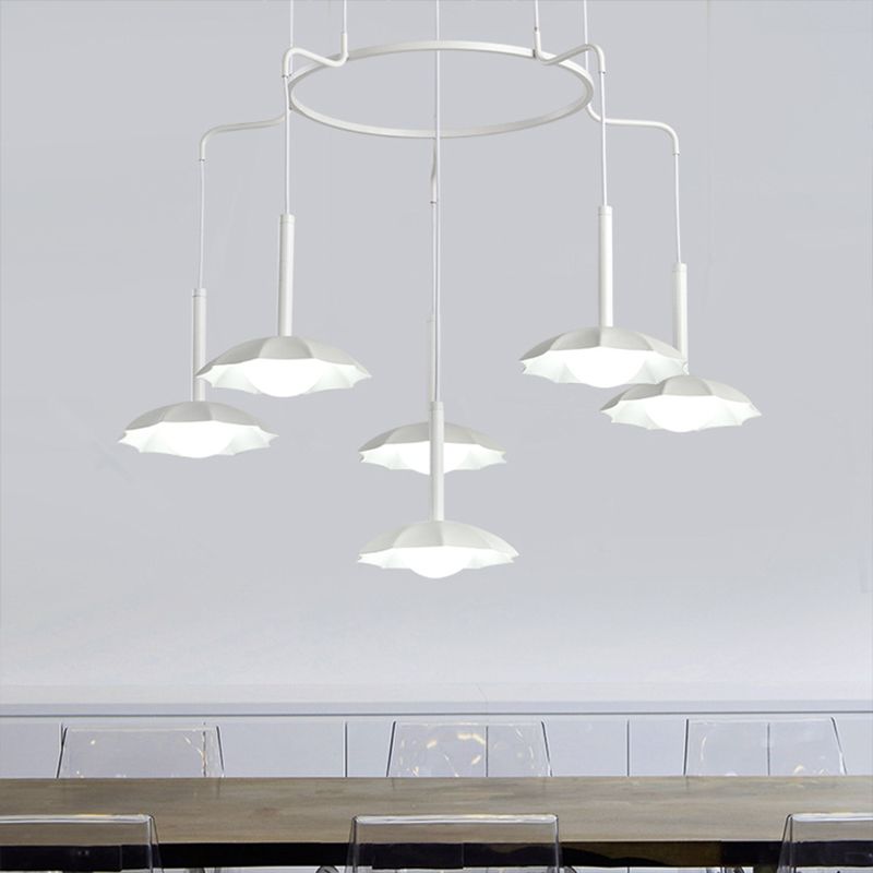 6-Head Living Room Chandelier Modernist Style White Hanging Ceiling Light with Floral Acrylic Shade