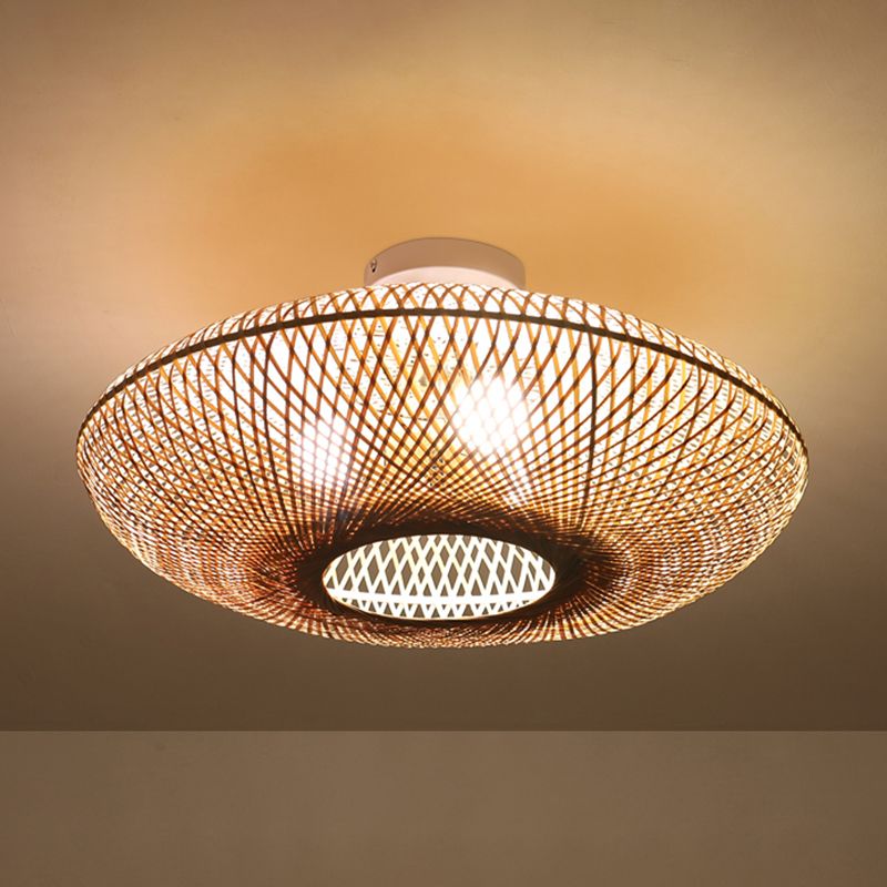 Bamboo Beige Close to Ceiling Lighting Flying Saucer Asia Ceiling Lamp