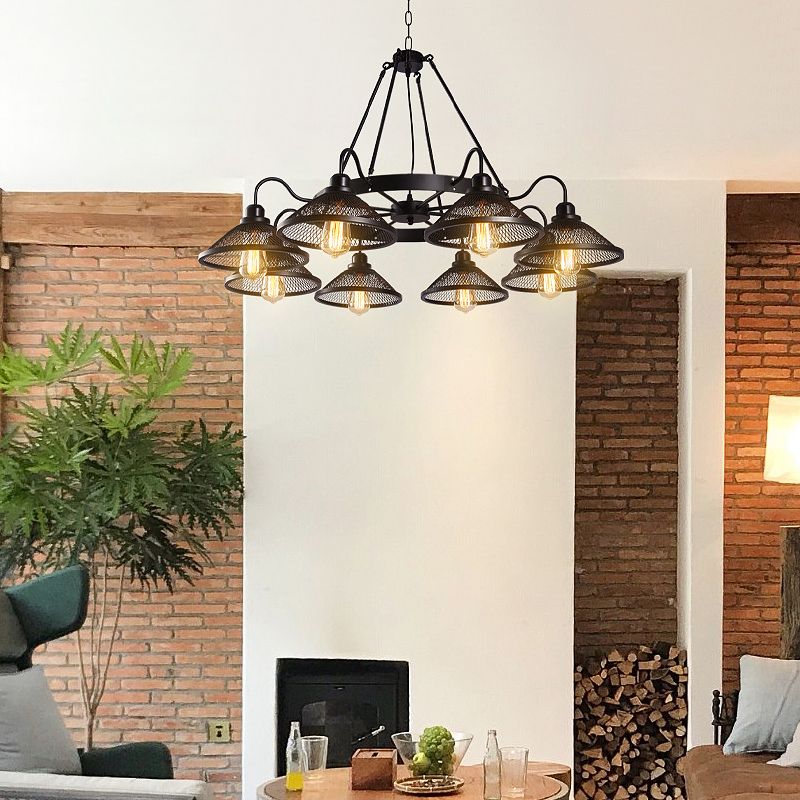 Industrial Cage Flared Chandelier Hanging Light Fixture Metal 8 Lights Pendant Ceiling Fixture Lamp