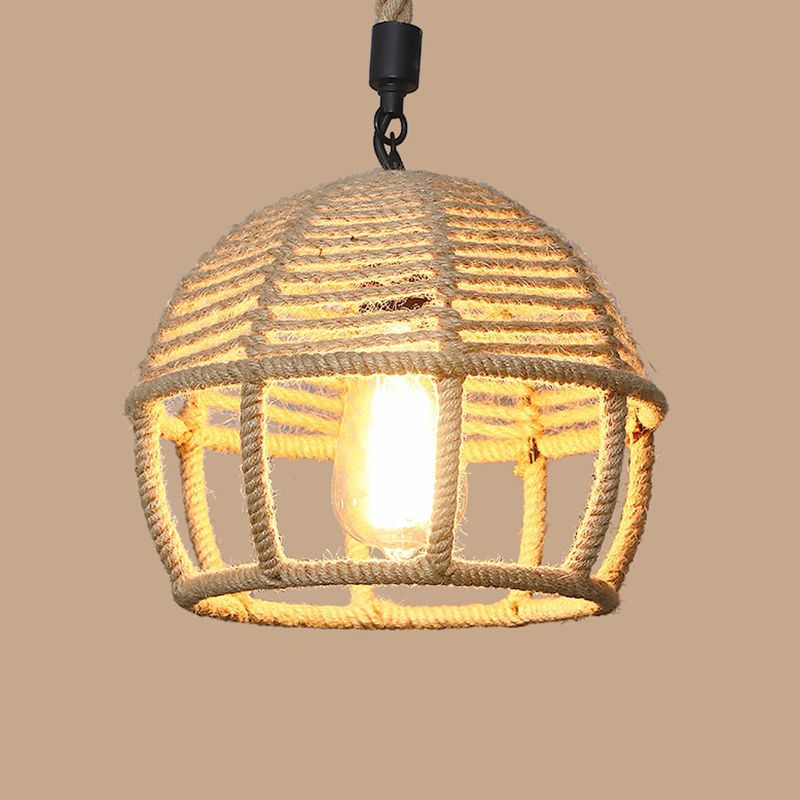 1 Bulb Hanging Light Rustic Style Wrapped Hemp Rope Pendant Light Fixture in Brown