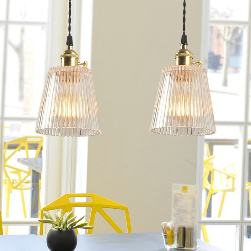 Tapered Clear Ribbed Glass Hanging Light Simplicity 1 Bulb Restaurant Pendant Light Fixture