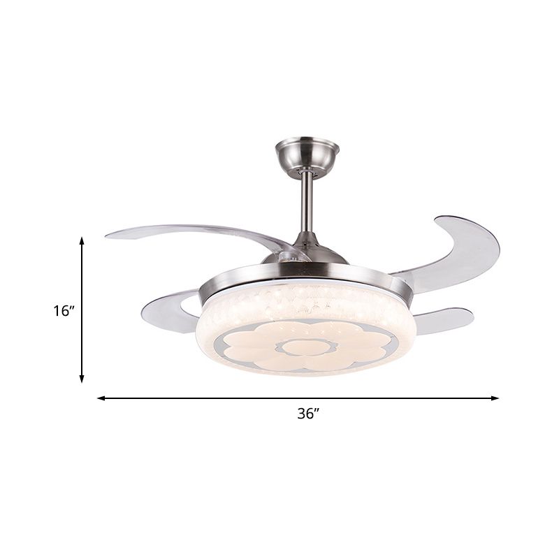 36"/42" W Acrylic Flower Semi Mount Lighting Modern LED Living Room Hanging Fan Light in Silver with 4 Clear Blades, Remote Control/Frequency Conversion and Remote Control