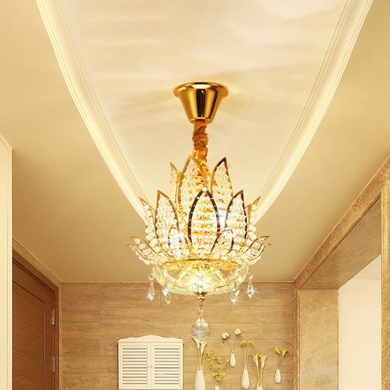 Traditional Lotus Flush Mount Lamp 3-Light Crystal Close to Ceiling Light in Gold