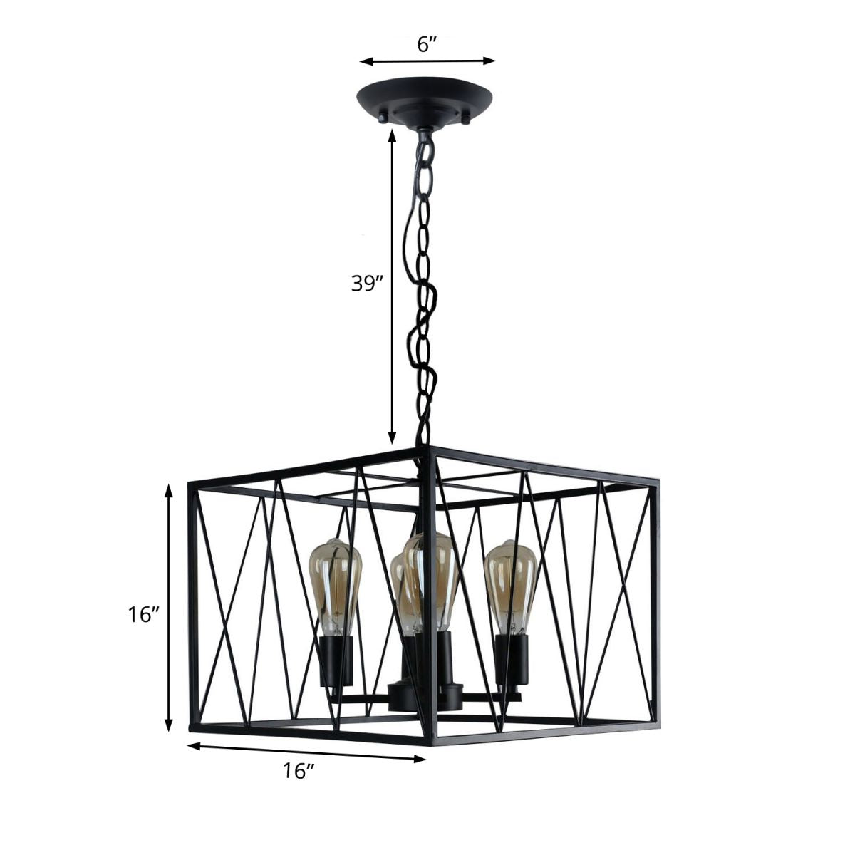 Black Cuboid Wire Frame Pendant Vintage Iron 4 Heads Dining Room Hanging Light Fixture