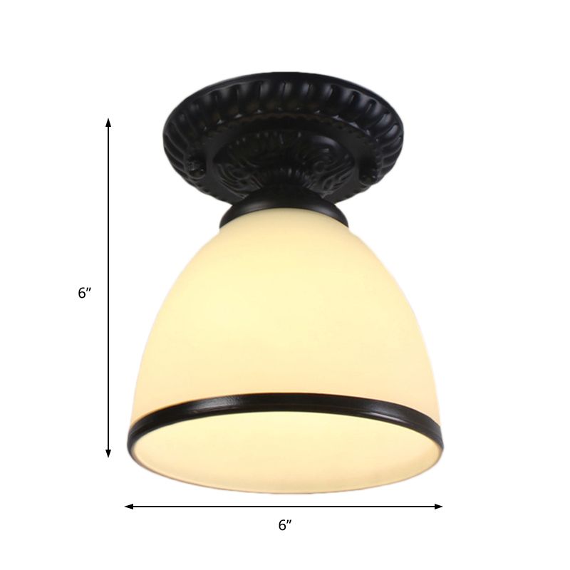 1 Light Barn/Dome/Flower Shade Semi Flush Light Industrial Milky Glass Ceiling Mount for Gallery in Black