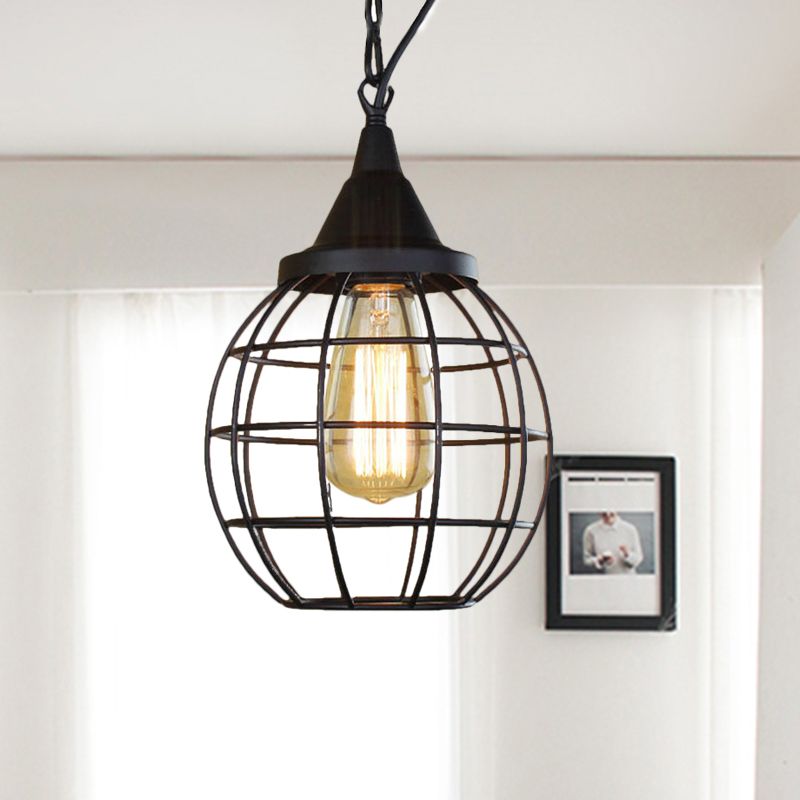 Metal Cage Pendant Light Farmhouse Style 6"/7" Wide 1 Head Balcony Ceiling Fixture with Globe Shade in Black