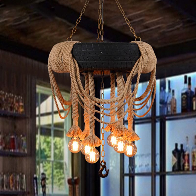 Black Tyre Hanging Chandelier Warehouse Rope 5 Lights Restaurant Suspension Pendant Light