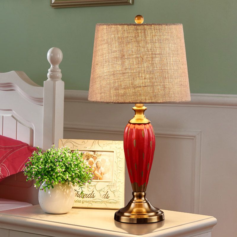 1 Bulb Ceramic Nightstand Lamp Country Red/Blue Urn-Shaped Bedroom Table Lighting with Drum Fabric Shade