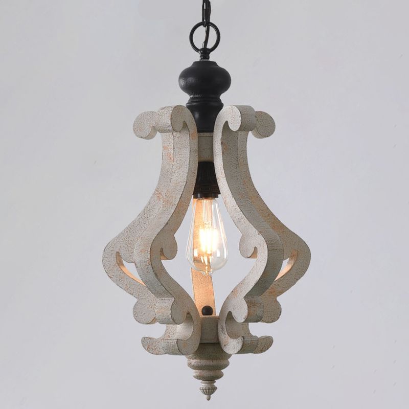 Wood Distressed White Pendant Light Scrolled Frame 1 Bulb Traditional Style Hanging Lamp Kit for Dining Room