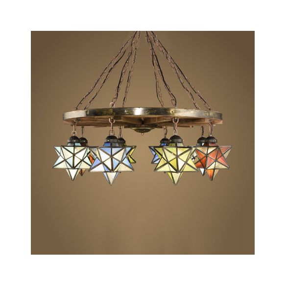 Luce a sospensione a ruota in ottone con sfumatura del lampadario rustico a stella in vetro colorato per foyer