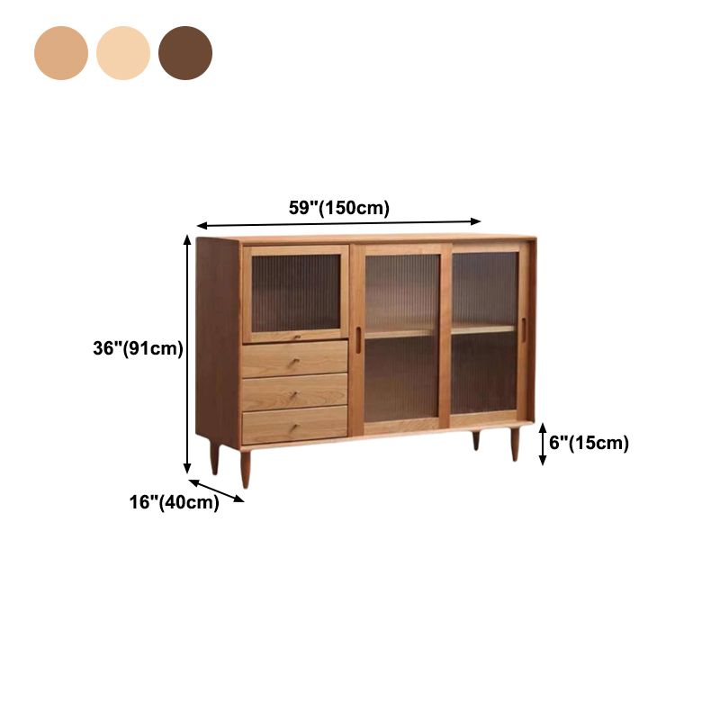 3-Drawer Pine Wood Sideboard Modern Glass Sliding Door Cabinets Credenza for Living Room