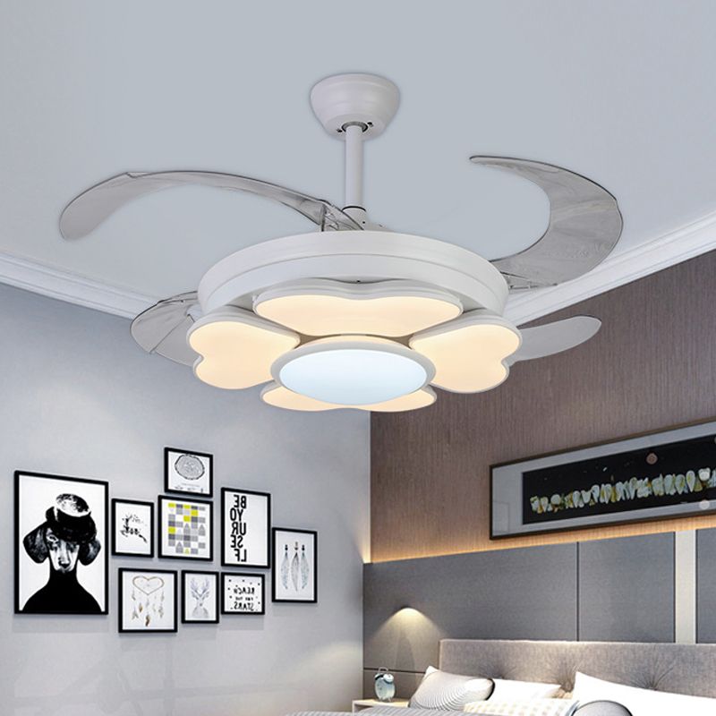 42" W LED Acrylic Hanging Fan Lamp Nordic White Ring  Bedroom Semi Flush Mount Light Fixture with 4 Blades, Remote/Wall Control/Remote and Wall Control