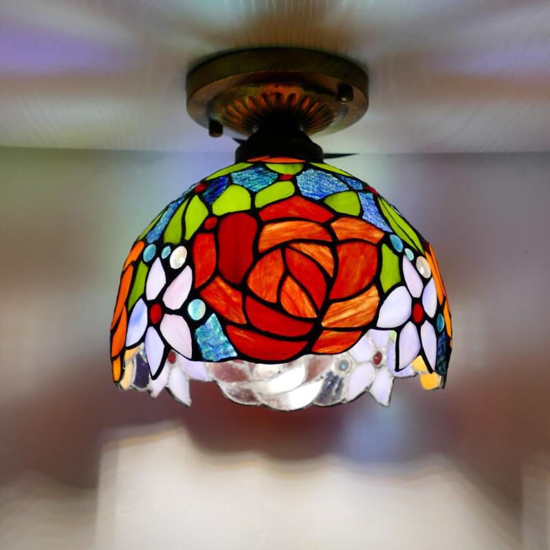 Single Semi Flush Tiffany Style Bowl Shade Stained Art Glass Flush Ceiling Light Fixture