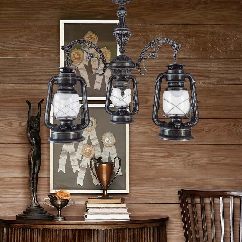 Clear Glass Black/Silver/Red Chandelier Light Lantern 3-Light Industrial Pendant Lamp for Kitchen