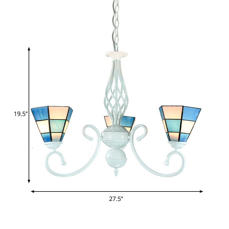 Cone Shade Foyer Pendant Light with Metal Chain Mediterranean Blue Glass Chandelier Lamp