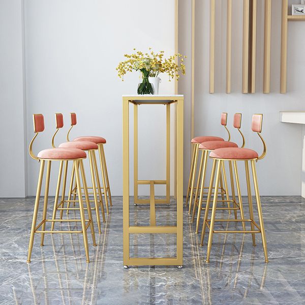 White Stone Bar Dining Table Traditional Luxury Rectangle Bar Table with Gold Trestle Base